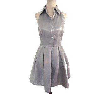 Vtg Tadashi Womens Formal Cocktail Dress 6 Silver Prom Collared Button Up Skater